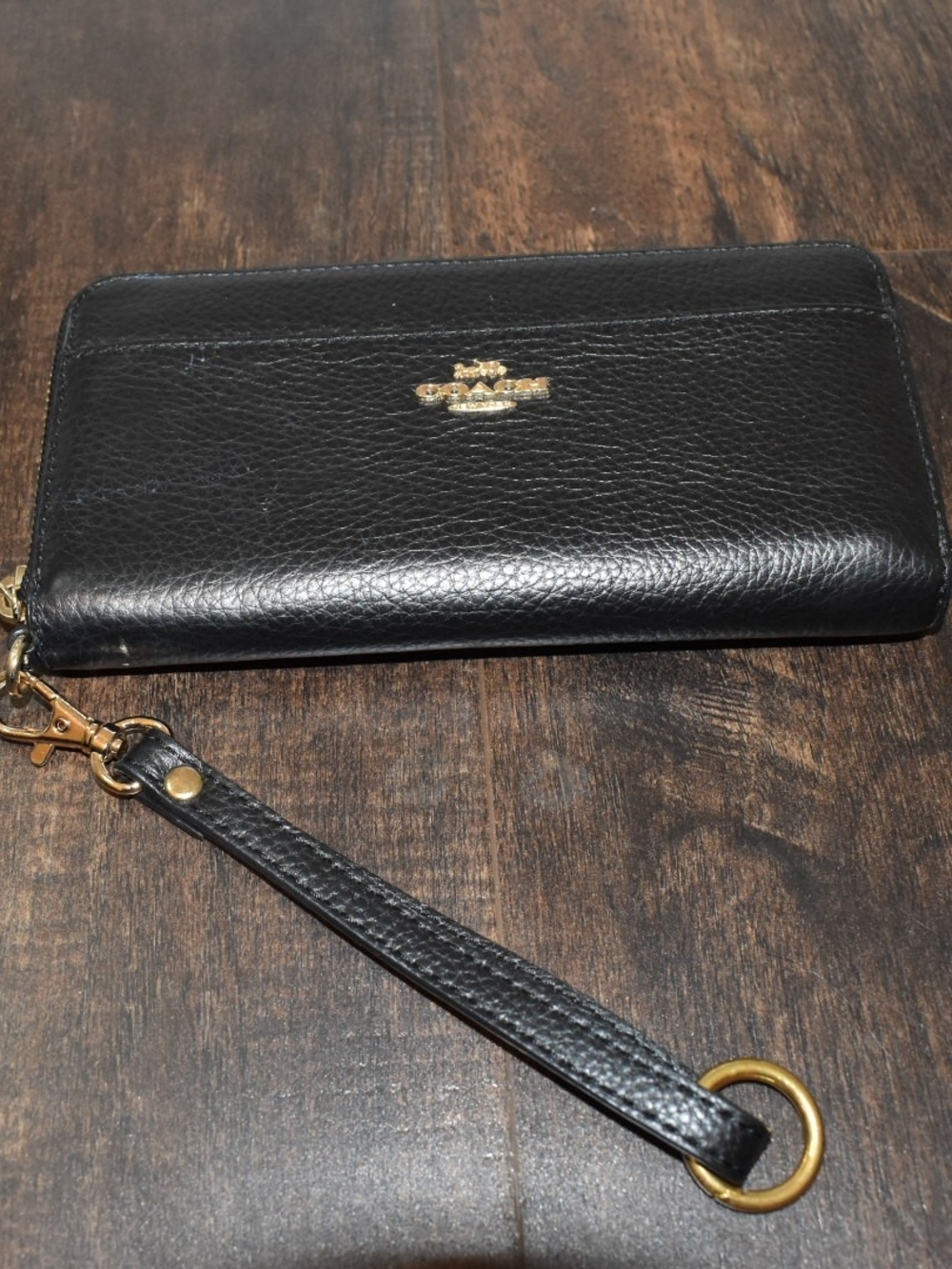 Coach Black Leather Zip Wristlet Wallet with Gold Hardware